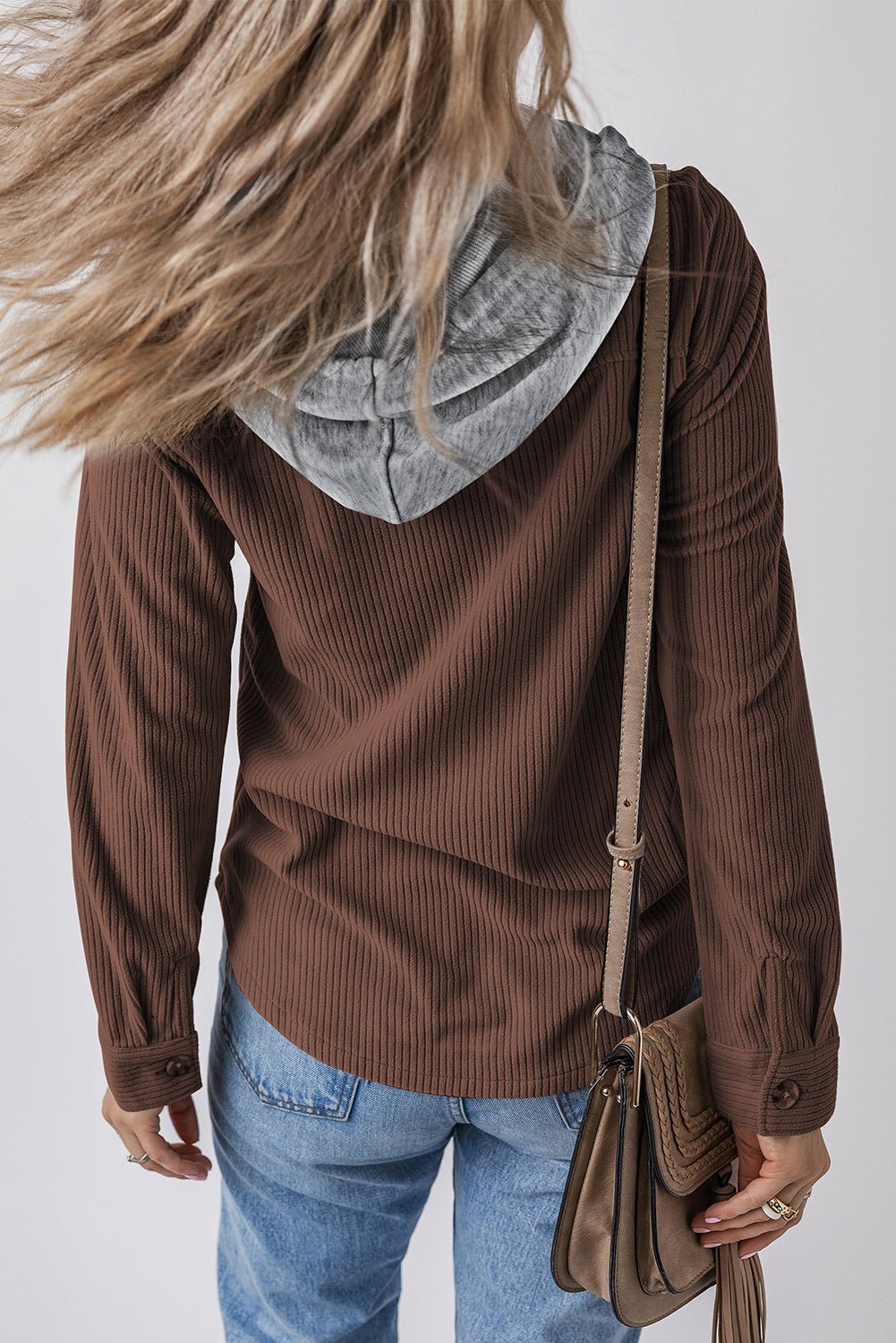 Black Hooded Drawstring Pockets Corduroy Shacket