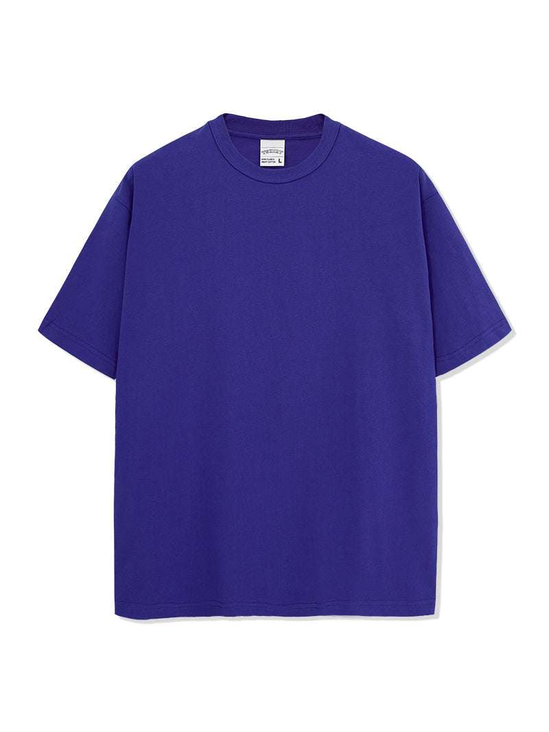 Men's round neck short sleeve T-shirt in blue, basic style, cotton-polyester blend.