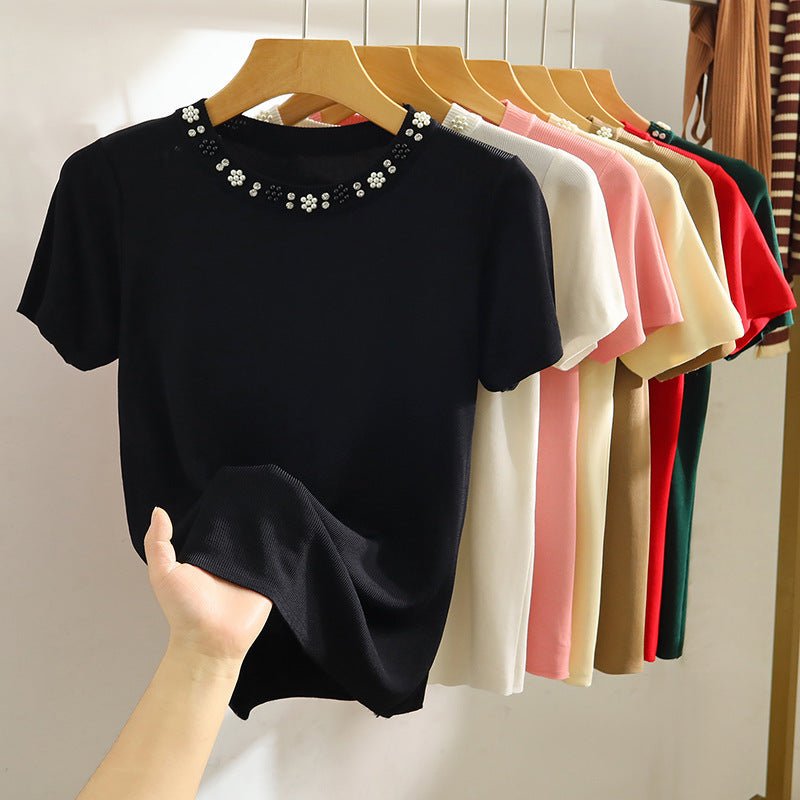Round Neck Heavy Industry Ice Silk Short Sleeve T-shirt Female Spring And Summer Elegant Knitwear