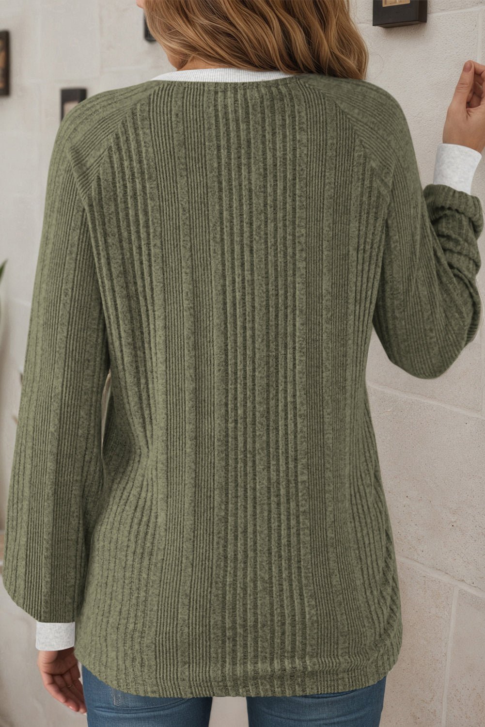 Gray Ribbed Contrast Cuffed Round Neck Long Sleeve T Shirt