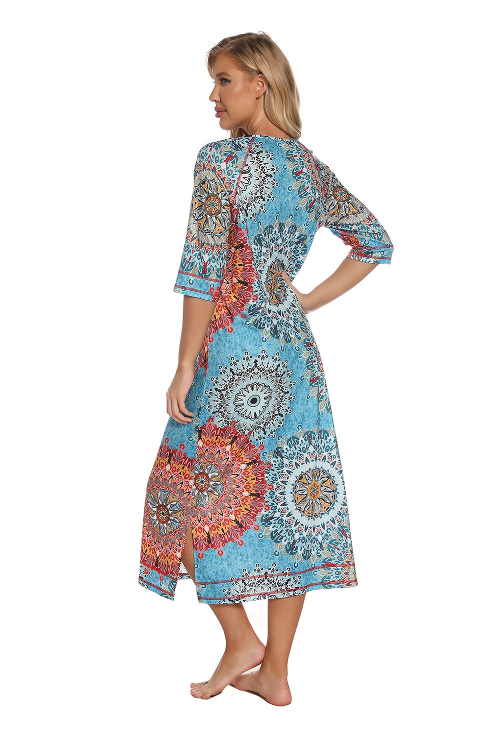 Printed slit night dress with pockets, blue and orange pattern, 3/4 sleeves, slightly stretchy fabric.
