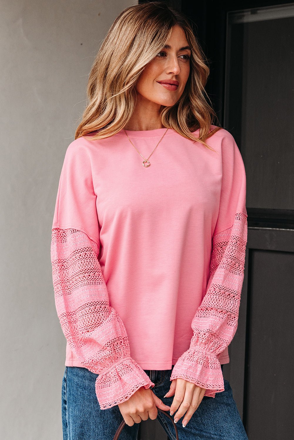 Sachet Pink Drop Shoulder Lace Ruffled Sleeve Patchwork Loose Sweatshirt