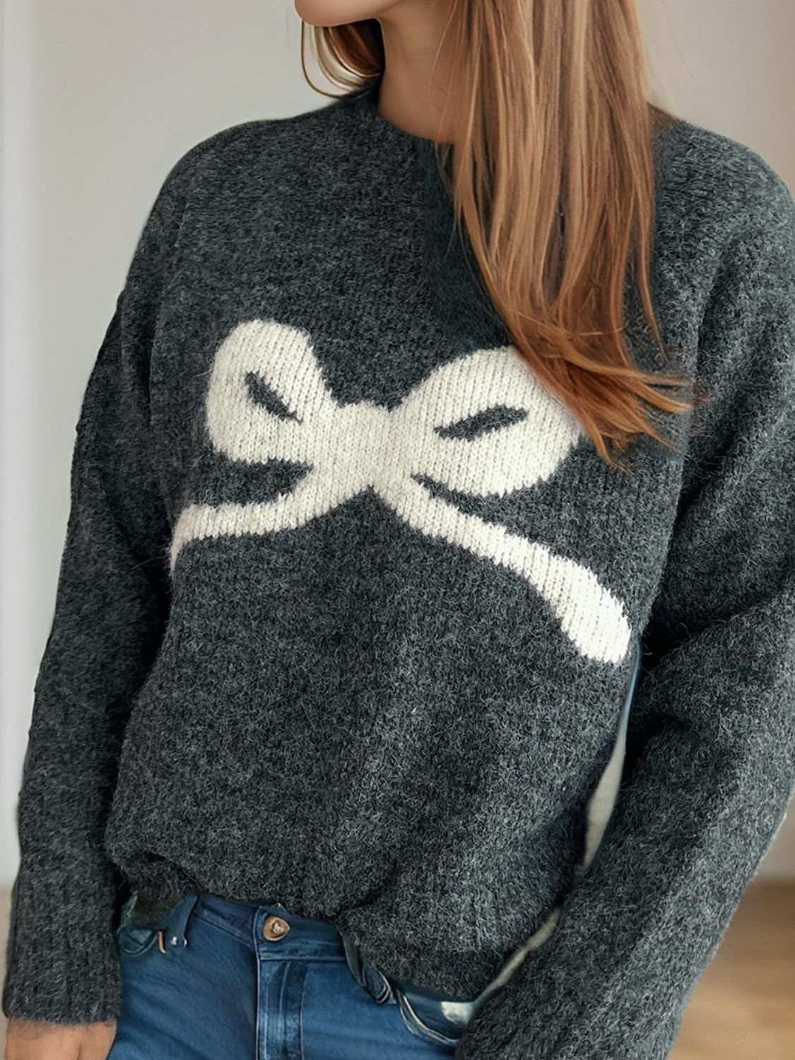 Bow Round Neck Long Sleeve Sweater in gray with white bow design.
