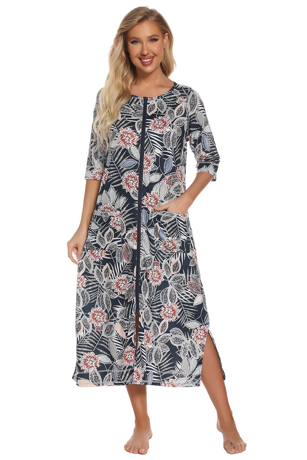 Printed slit night dress with pockets, floral design, mid-length sleeves.