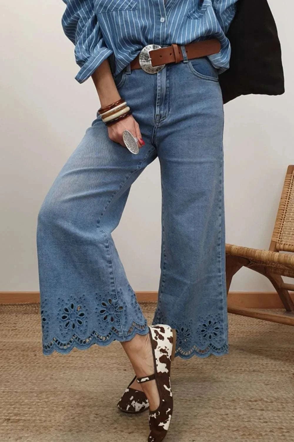 Lace detail cropped wide leg jeans with openwork hem and no stretch in blue denim