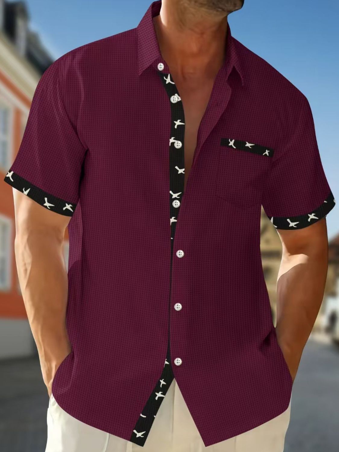 Men's Full Size Contrast Trim Waffle Knit Short Sleeve Shirt Plus Size - Securing Secrets Boutique LLC