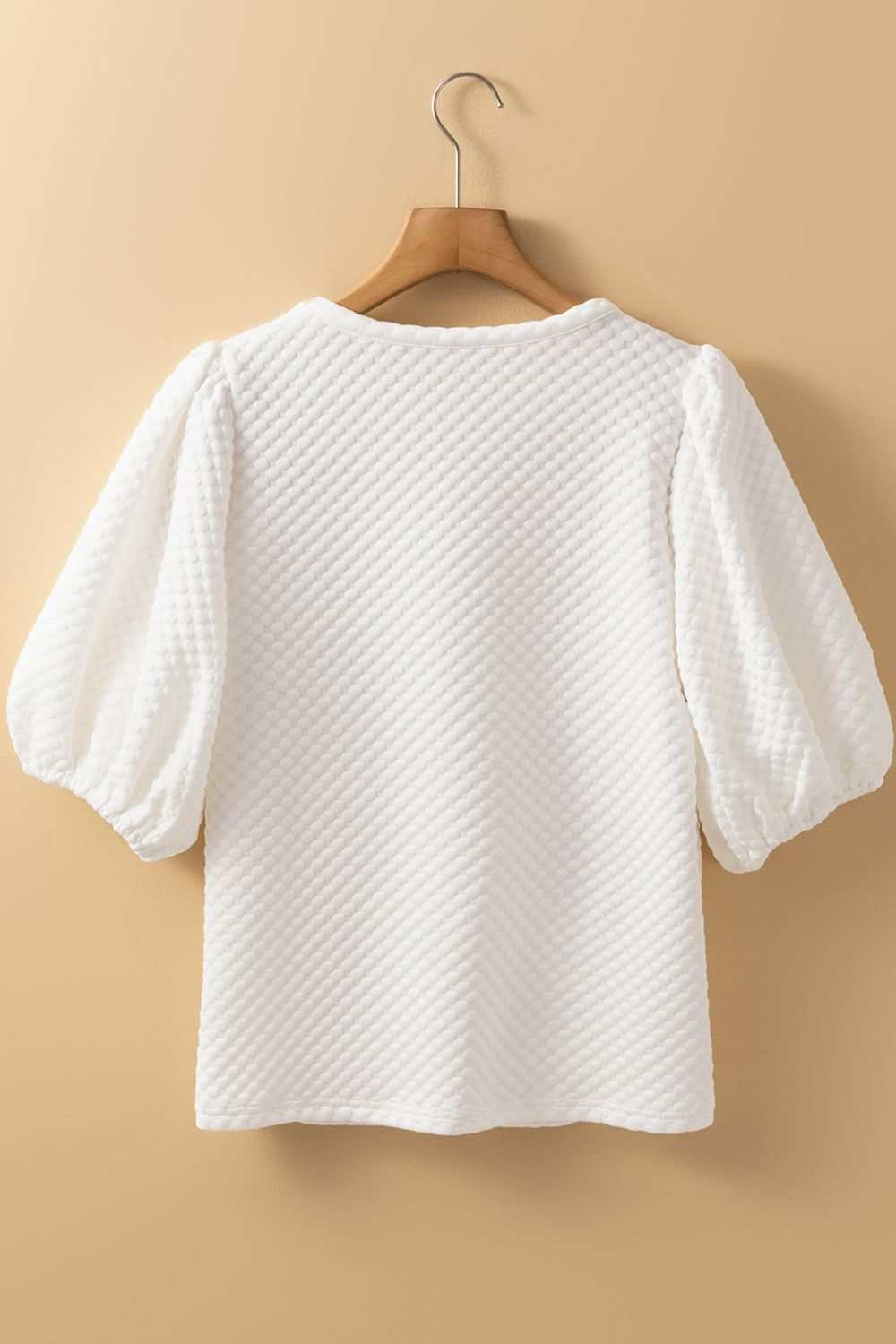 Textured round neck puff sleeve blouse in white.