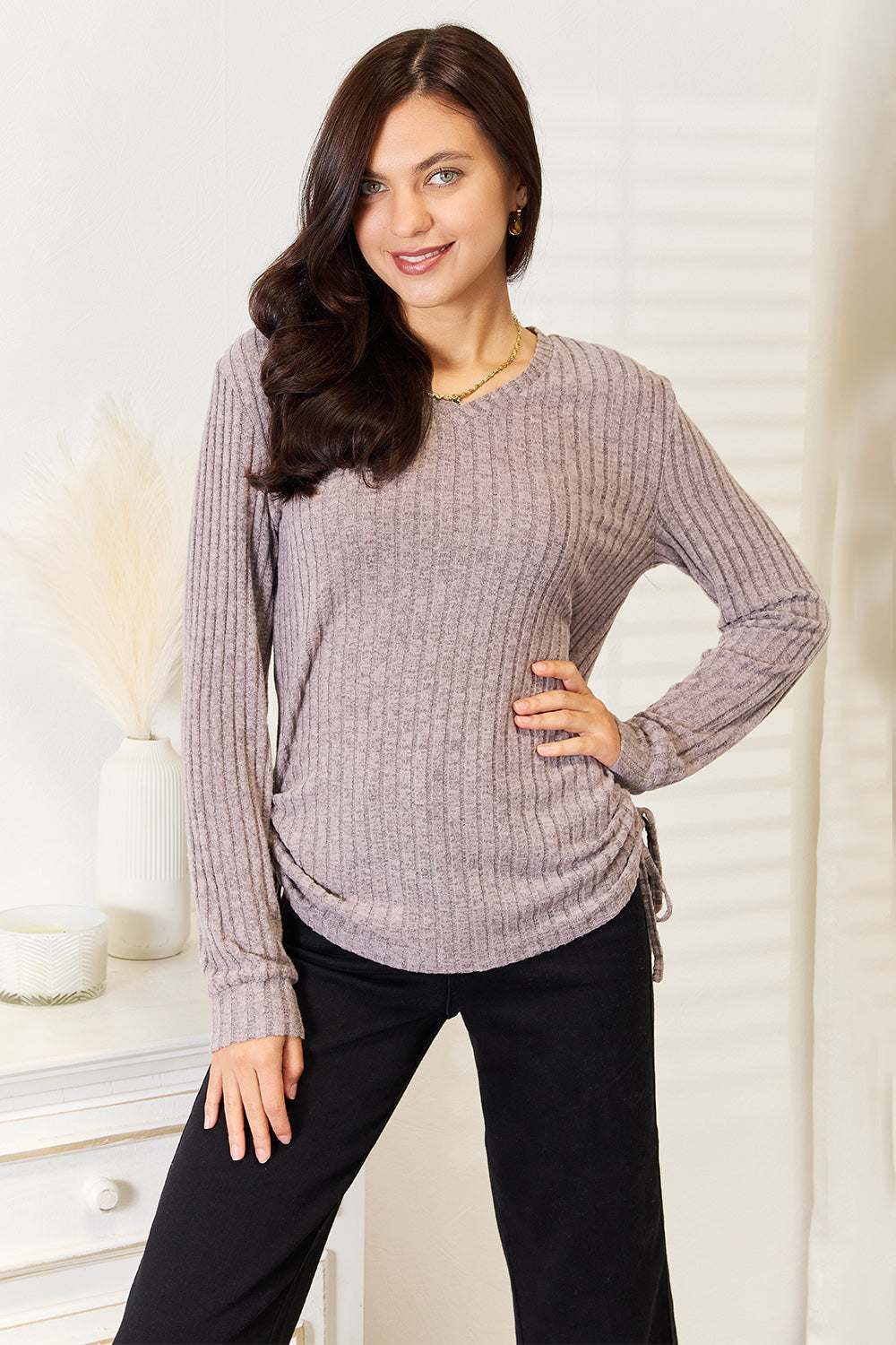 Drawstring Ribbed Long Sleeve T-Shirt with Unique Style