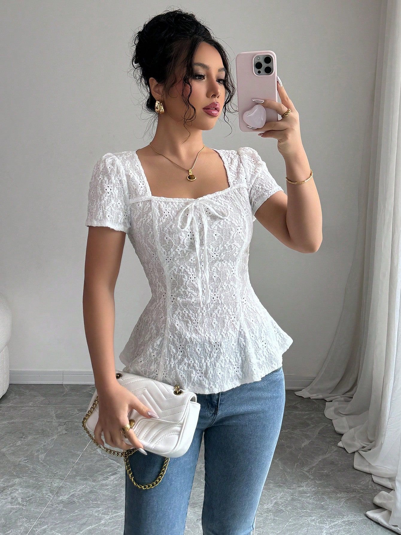 Casual Lace Blouse With A Square Neckline And Bow-tied Short Sleeves
