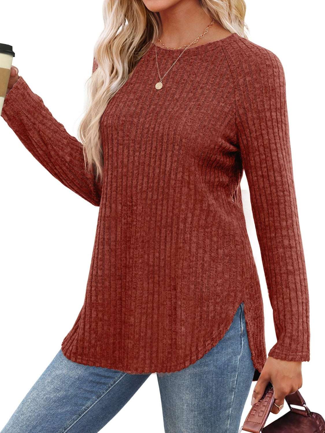 Round neck raglan sleeve t-shirt with slit, made of 65% rayon and 35% polyester, shown on model.