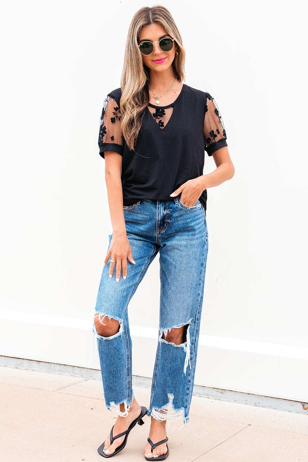 Black Flora Lace Patchwork Crew Neck T Shirt