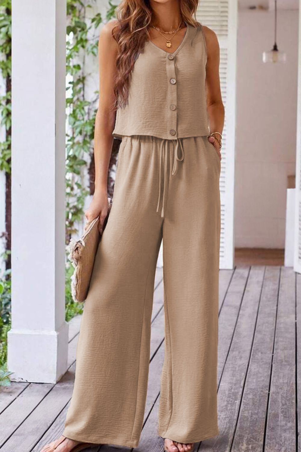 Button Down Vest and Drawstring Wide Leg Pants Set - Securing Secrets Boutique LLC
