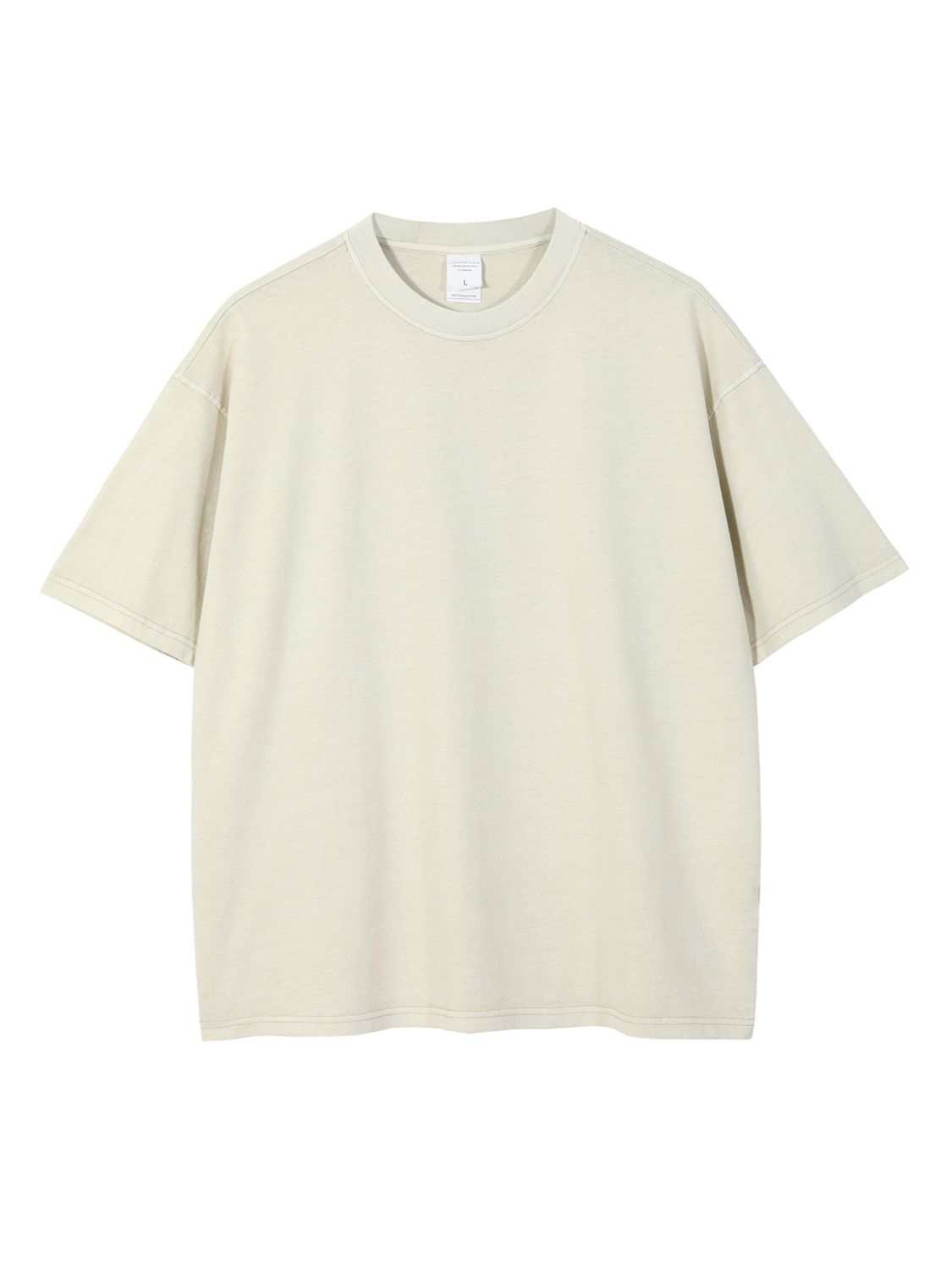 Men's round neck short sleeve T-shirt in beige, basic style, slightly stretchy, 85% cotton, 15% polyester.