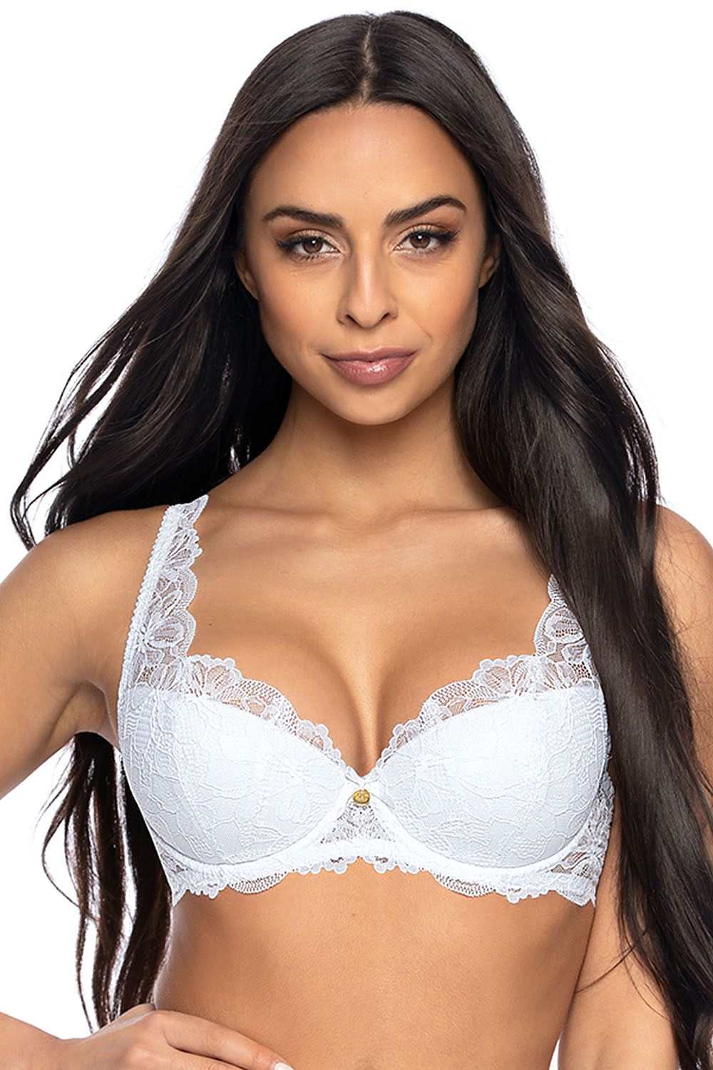 Woman wearing white padded bra Mat with floral lace design and adjustable decorative straps
