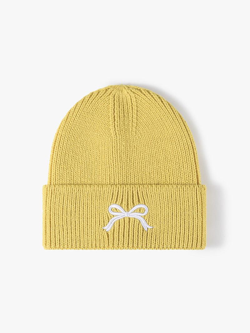 Embroidered Bow Knit Hat in yellow acrylic with adjustable fit