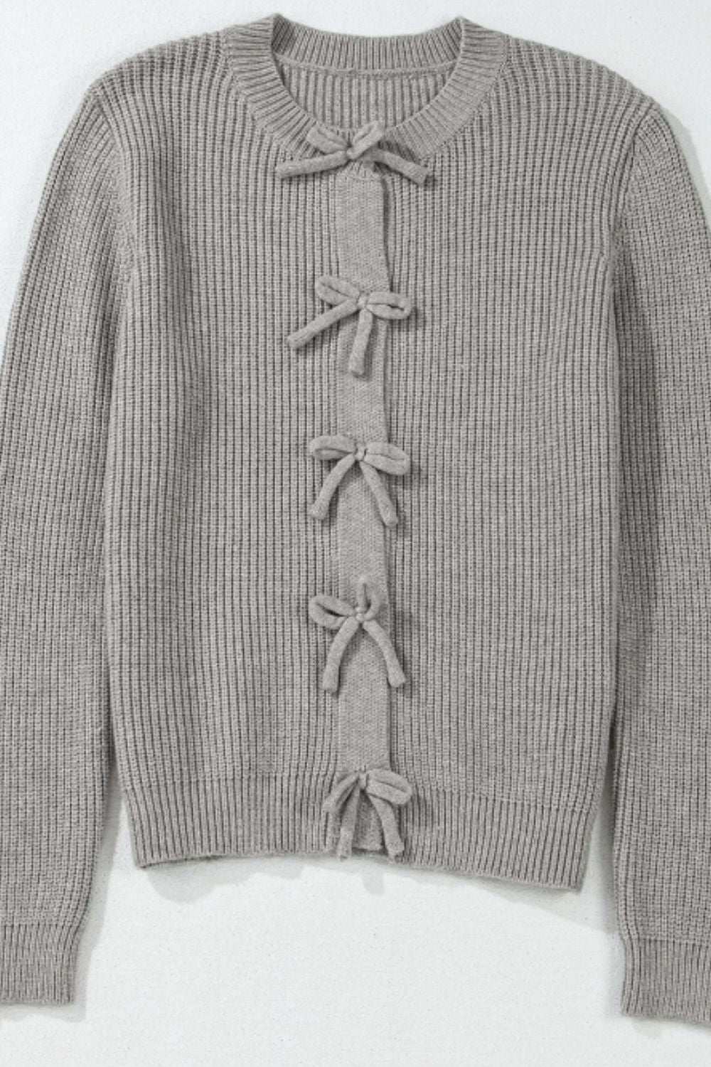 Bow round neck long sleeve cardigan in gray with decorative bows and ribbed texture.