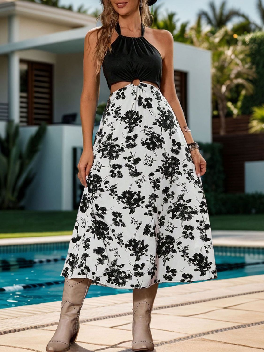 Perfee Backless Printed Halter Neck Midi Dress - Securing Secrets Boutique LLC