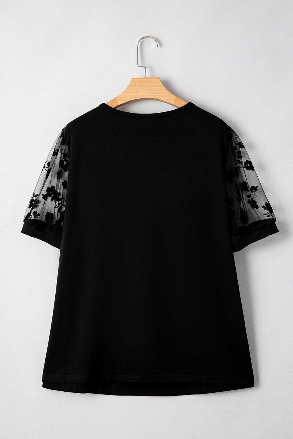 Black Floral Mesh Patchwork Loose V Neck Plus Size T Shirt
