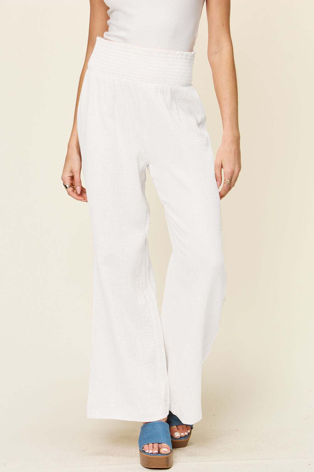 Double Take Full Size Texture Smocked Waist Wide Leg Pants in white cotton.