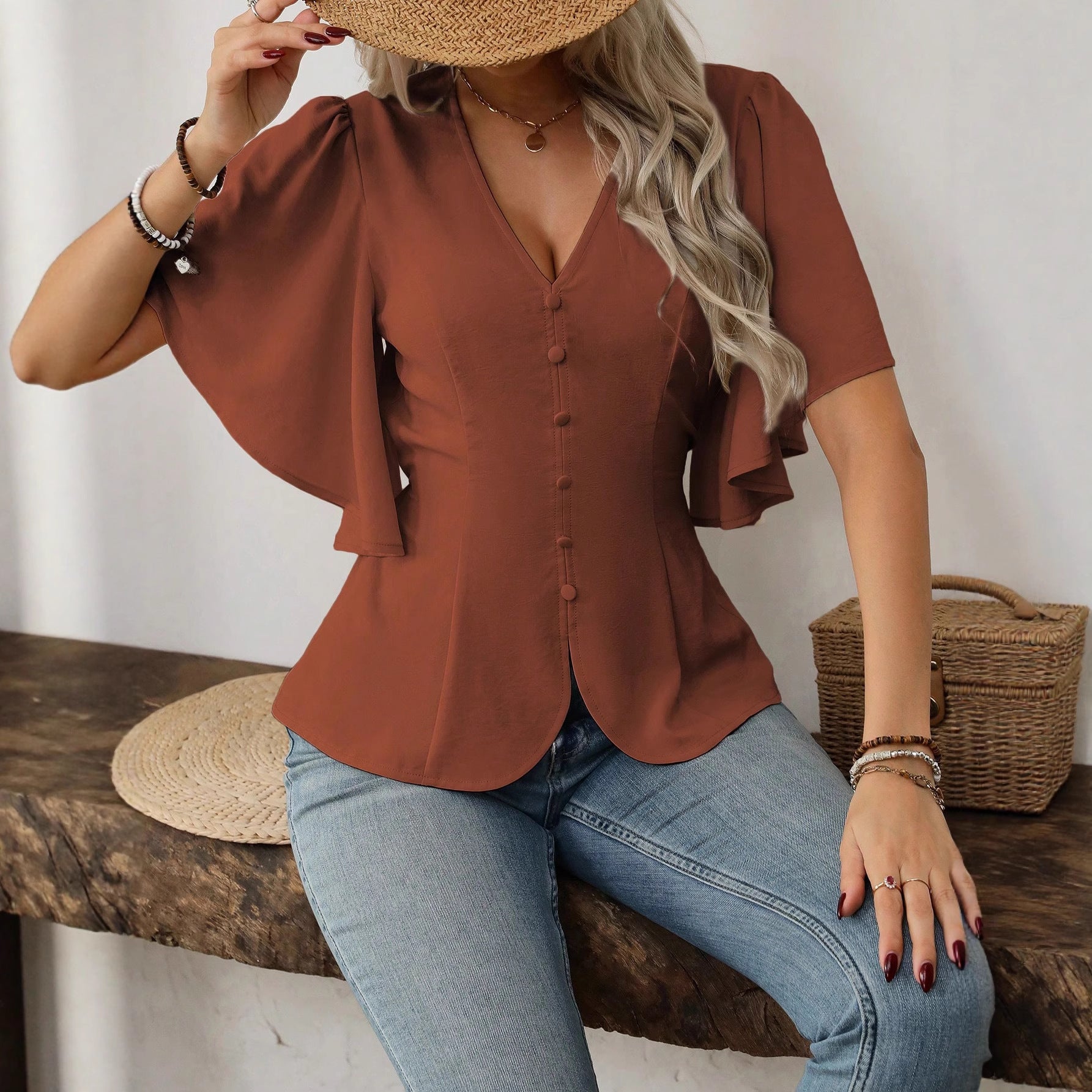 Womens Solid-Color Short-Sleeve V-Neck Single-Breasted Waist-Cinching Top