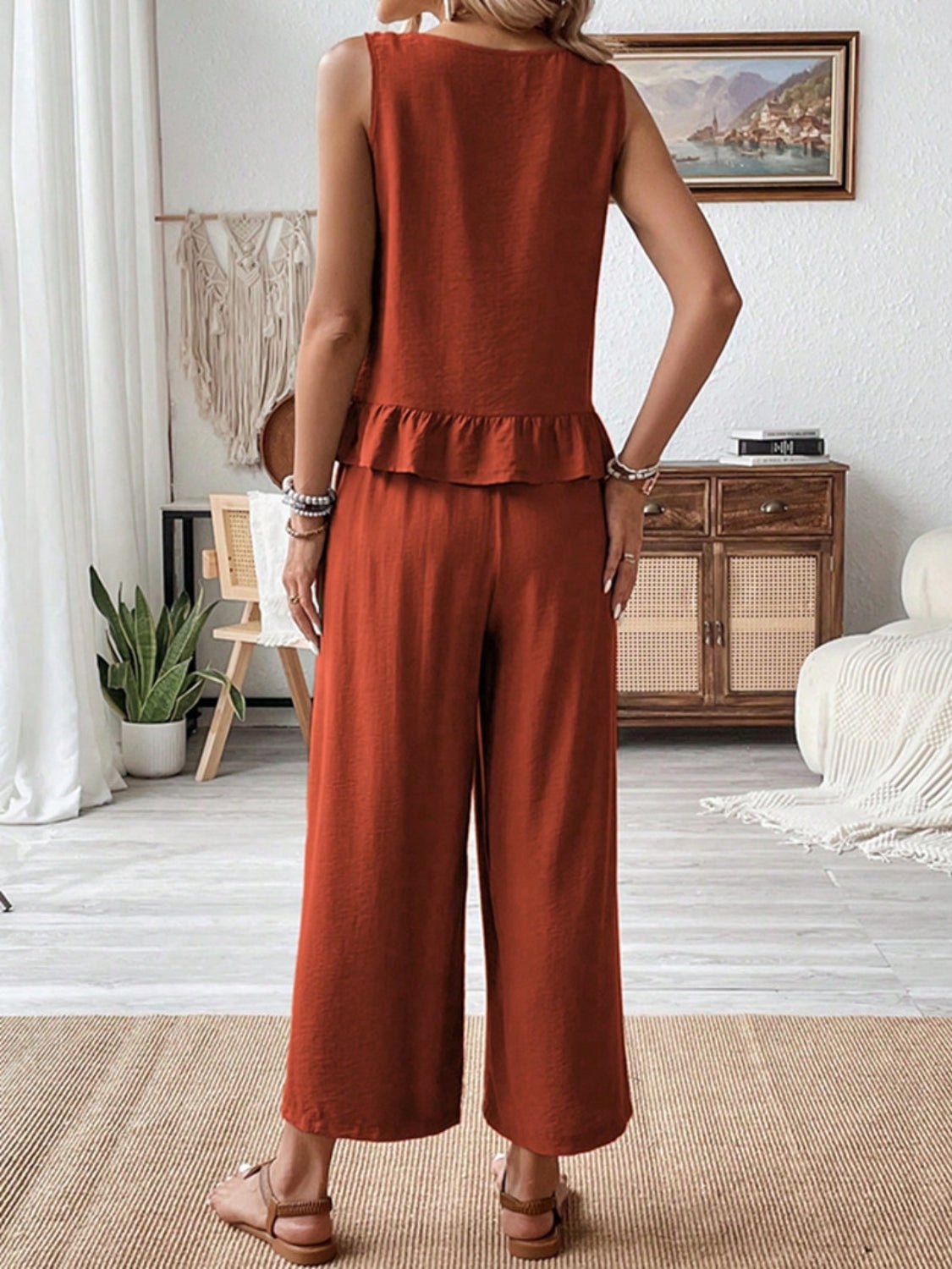 Ruffled Round Neck Top and Wide Leg Pants Set - Securing Secrets Boutique LLC