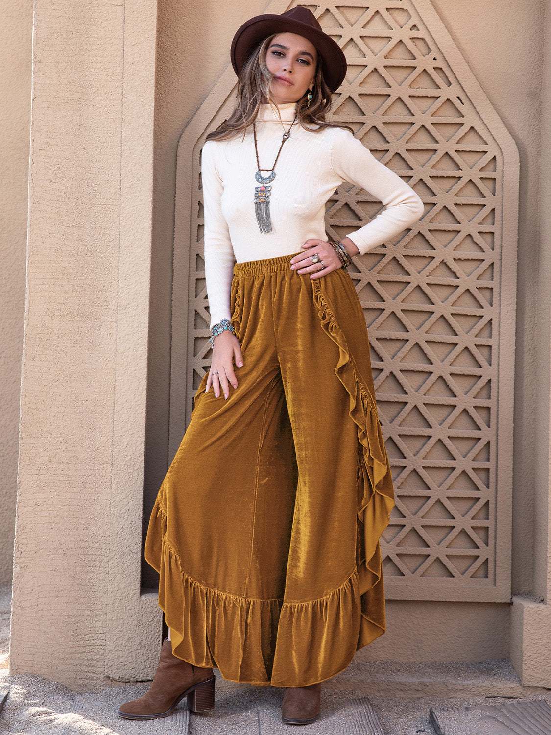 Slit ruffled wide leg pants with boho chic style.