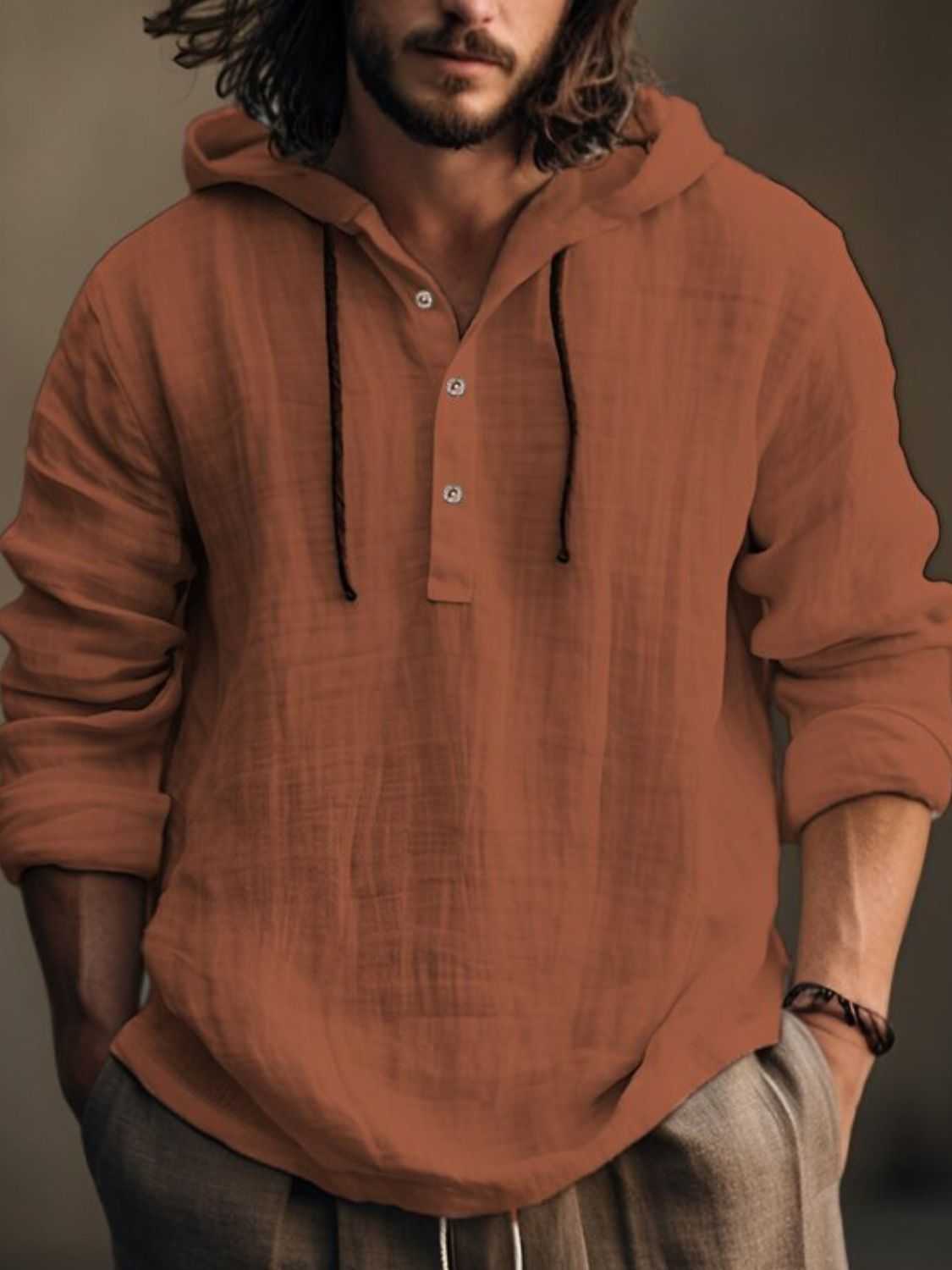 Men's full size half button long sleeve hoodie in brown cotton fabric.
