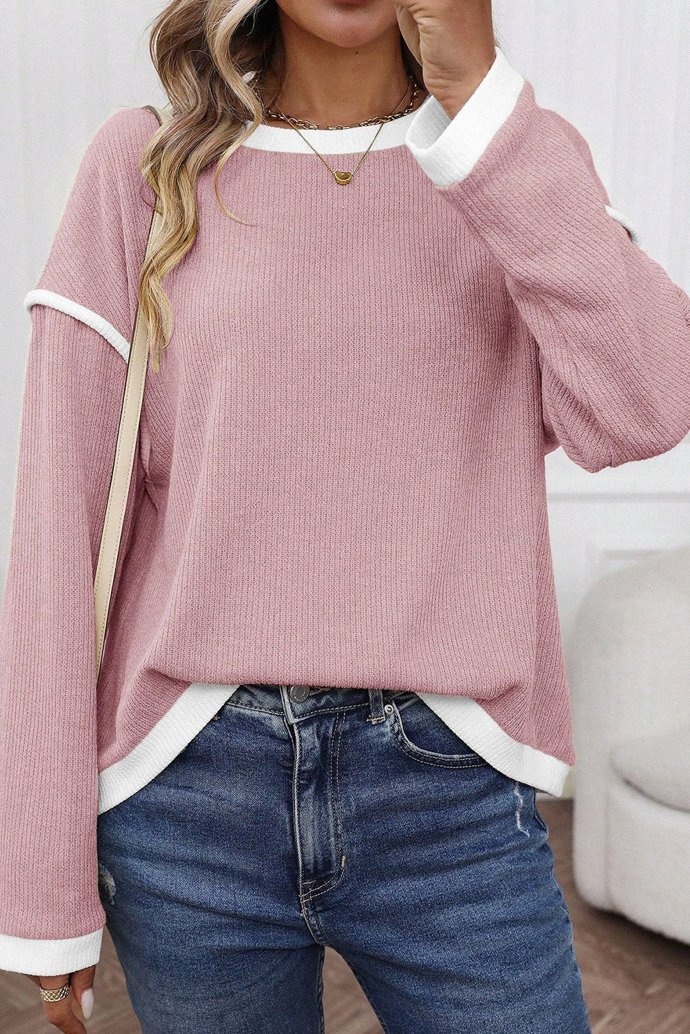 Beige Contrast Color Trim Knit Drop Shoulder Loose Top