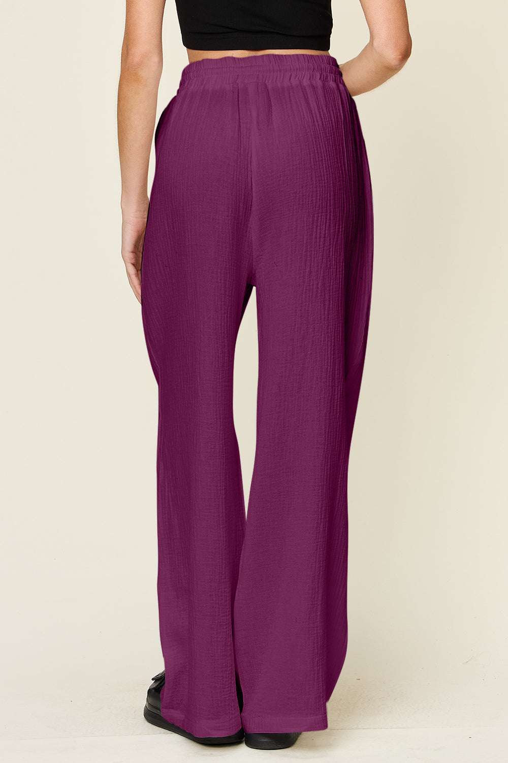 Double Take full-size texture drawstring wide leg pants in purple, 100% cotton.