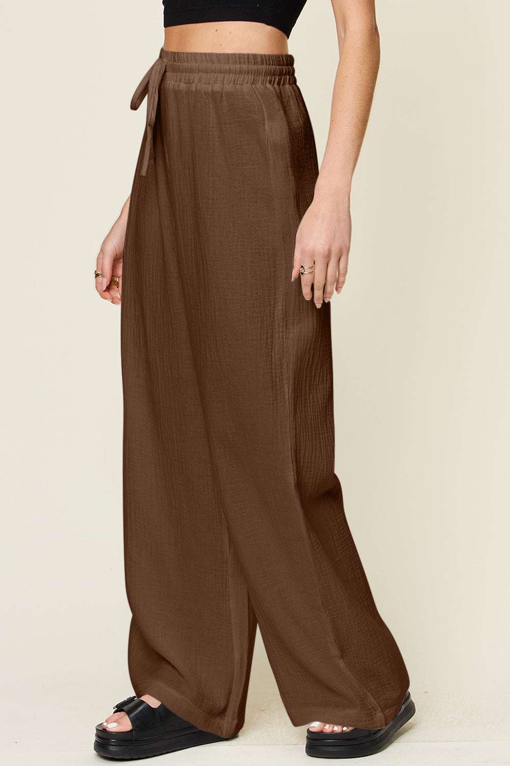 Double Take full-size brown wide leg pants with drawstring, opaque cotton material.