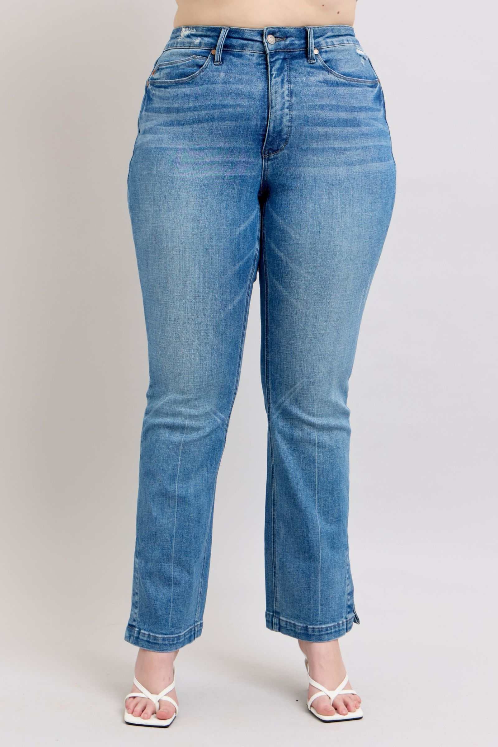 Judy Blue HW high-waisted slim bootcut jeans with vintage wash and side slit.