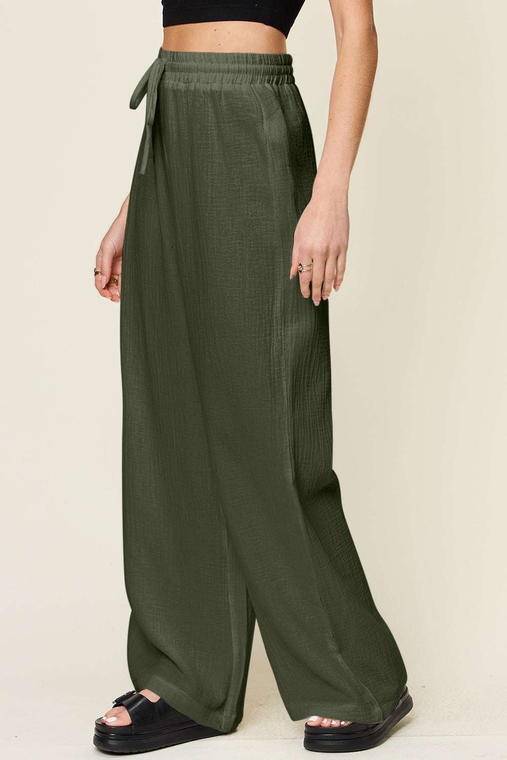 Double Take drawstring wide leg pants in green, 100% cotton.
