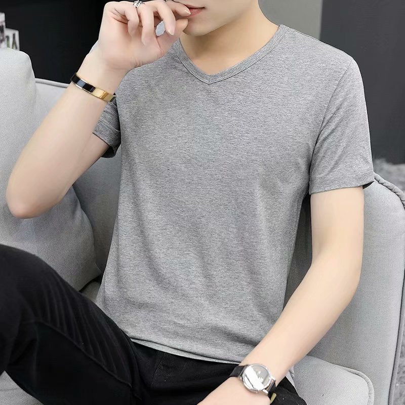 Mens Short-Sleeve V-Neck T-Shirt Summer Slim-Fit White All-Match Tee