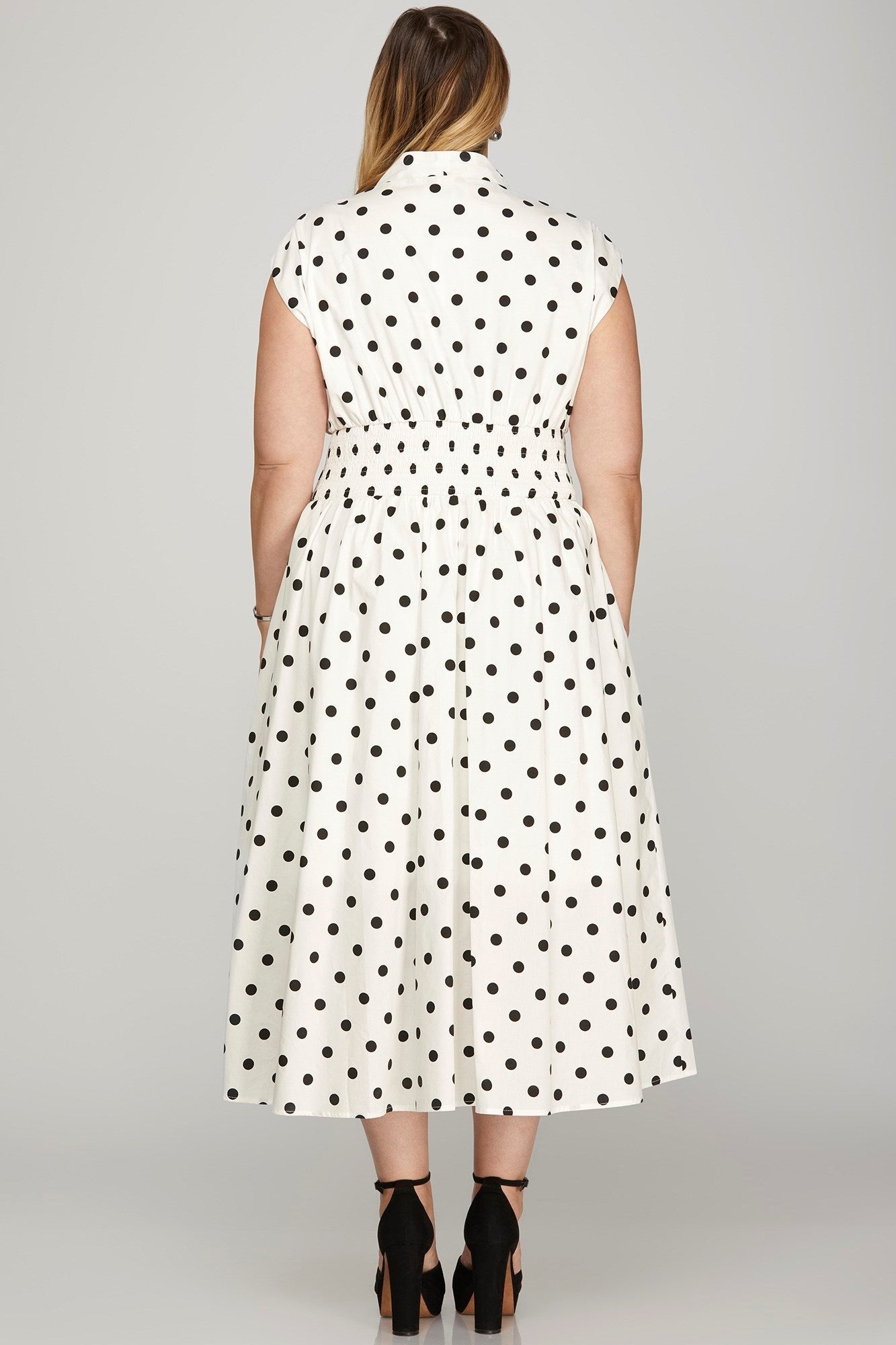 She + Sky Front Zip Polka Dots Cap Sleeve Midi Dress - Securing Secrets Boutique LLC