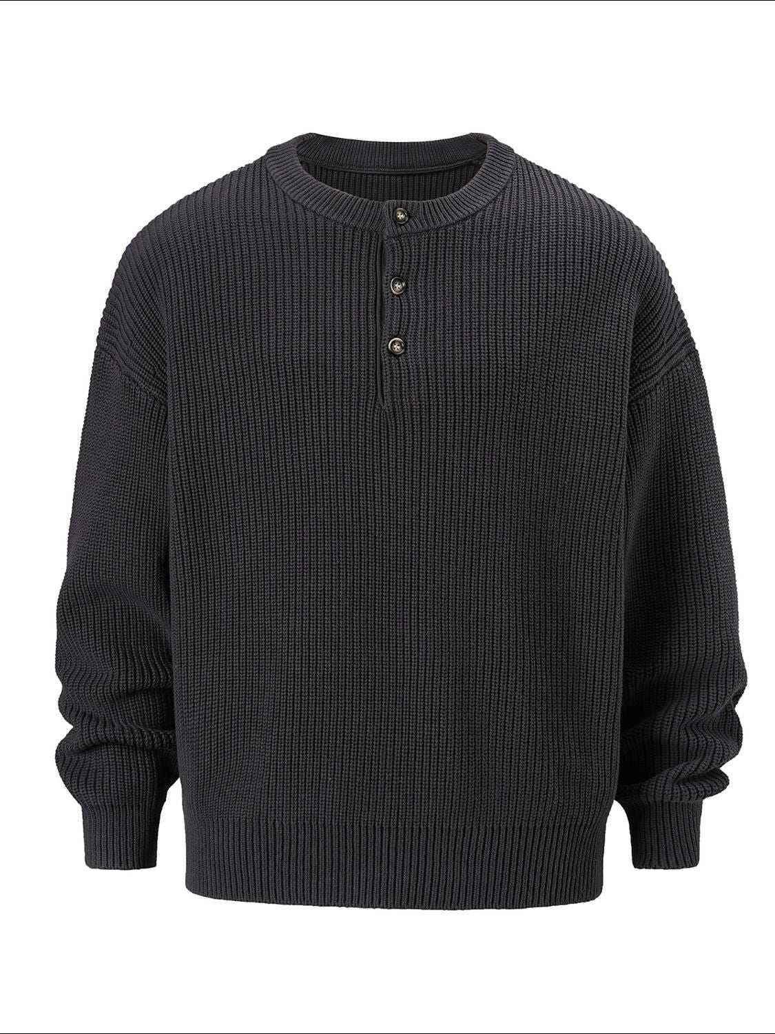 Men's round neck long sleeve sweater, basic style, stretchy material.