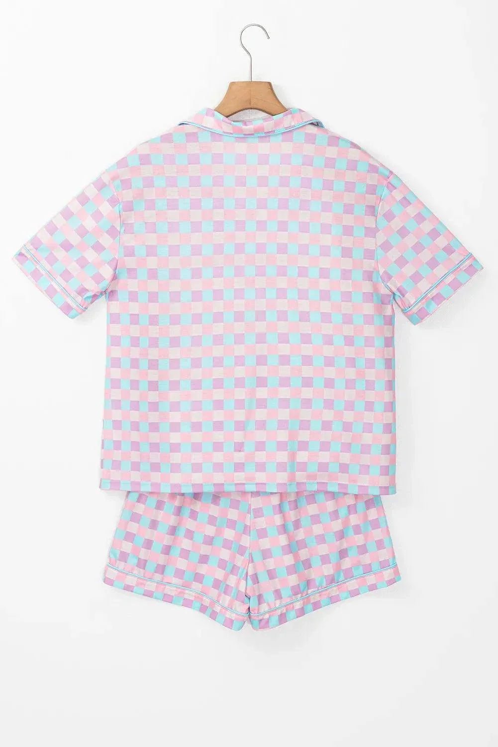 Plaid collared neck short sleeve top and shorts lounge set with pockets.