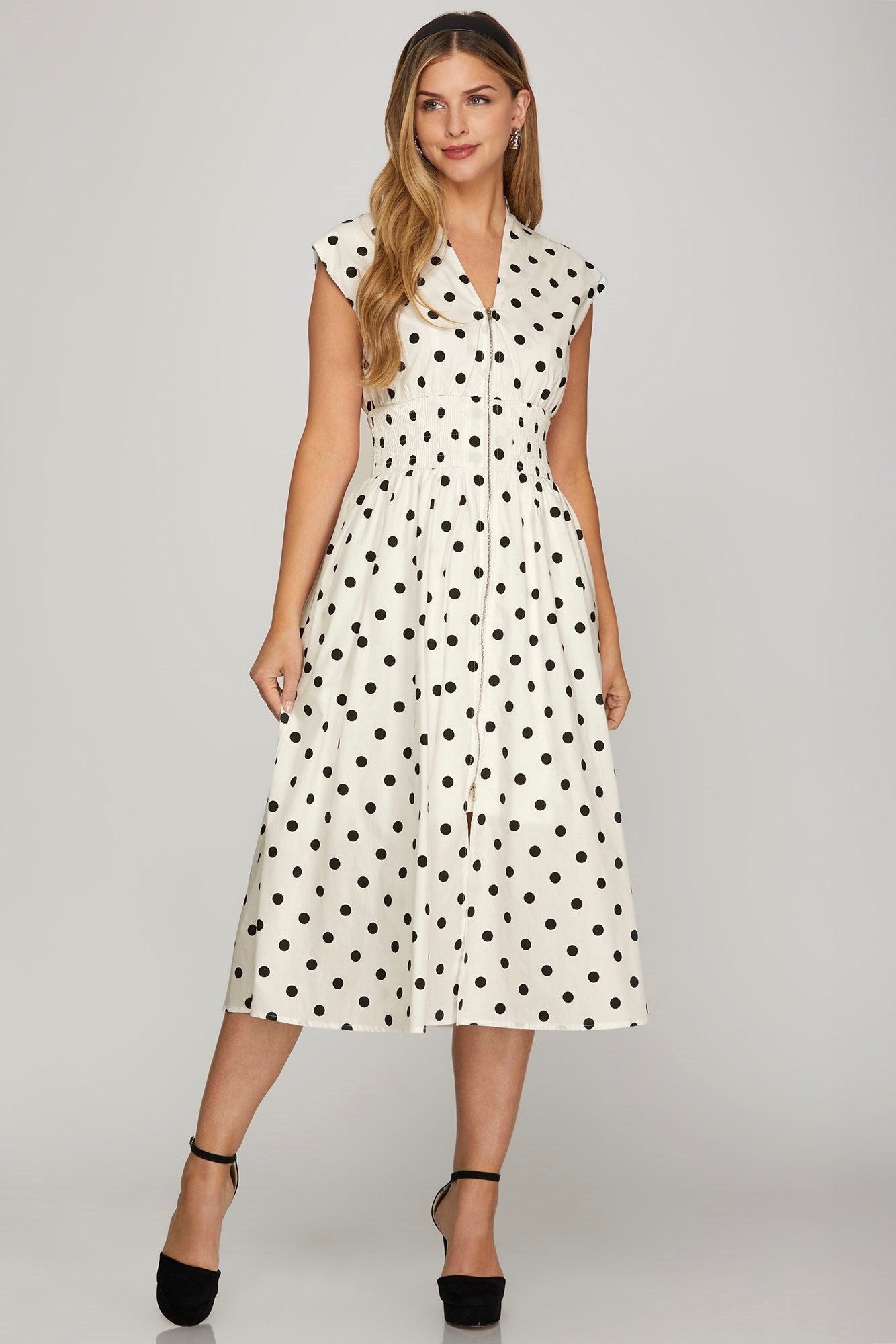 She + Sky Front Zip Polka Dots Cap Sleeve Midi Dress - Securing Secrets Boutique LLC
