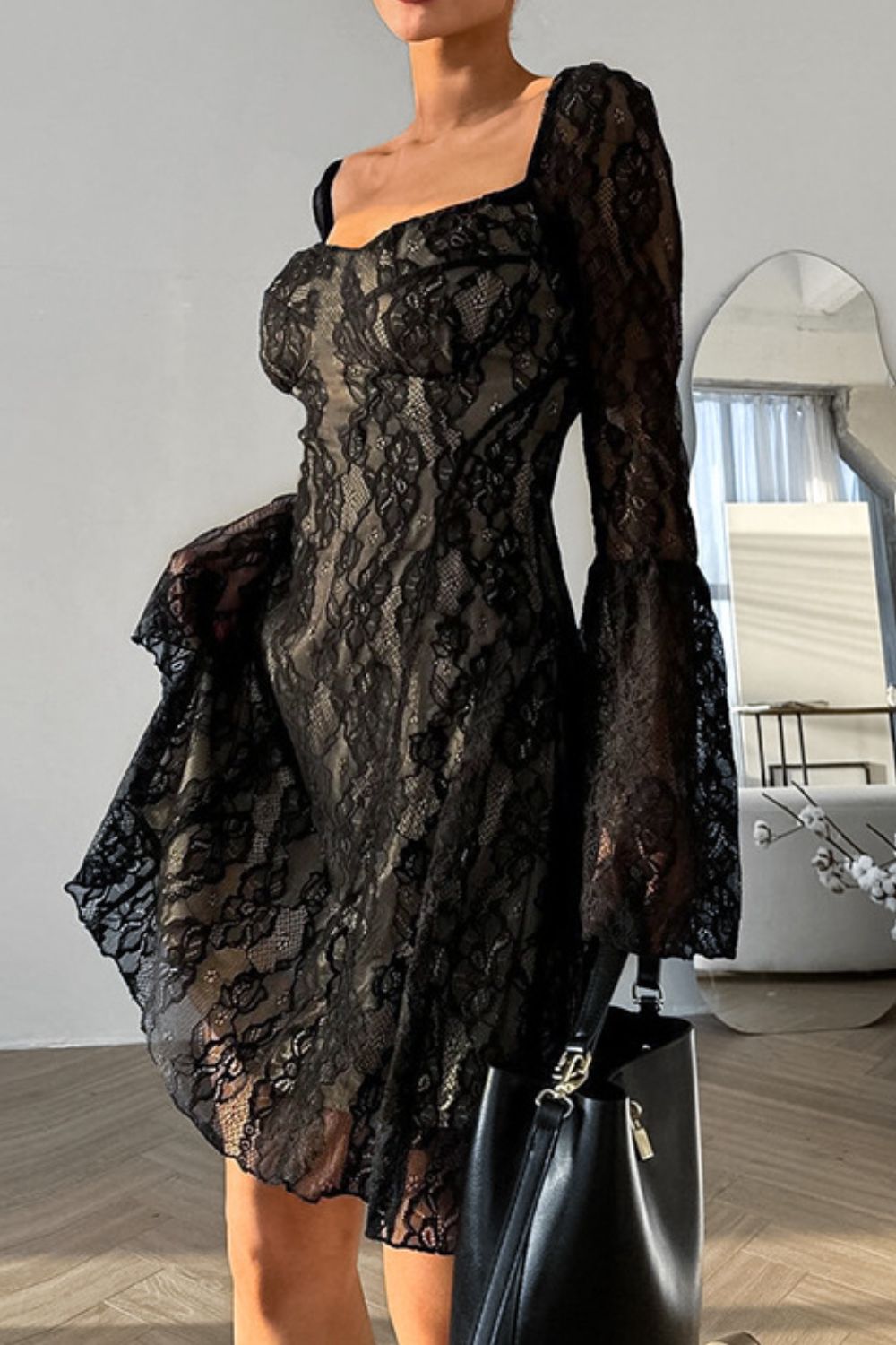 Lace Sweetheart Neck Flare Sleeve Mini Dress - Securing Secrets Boutique LLC