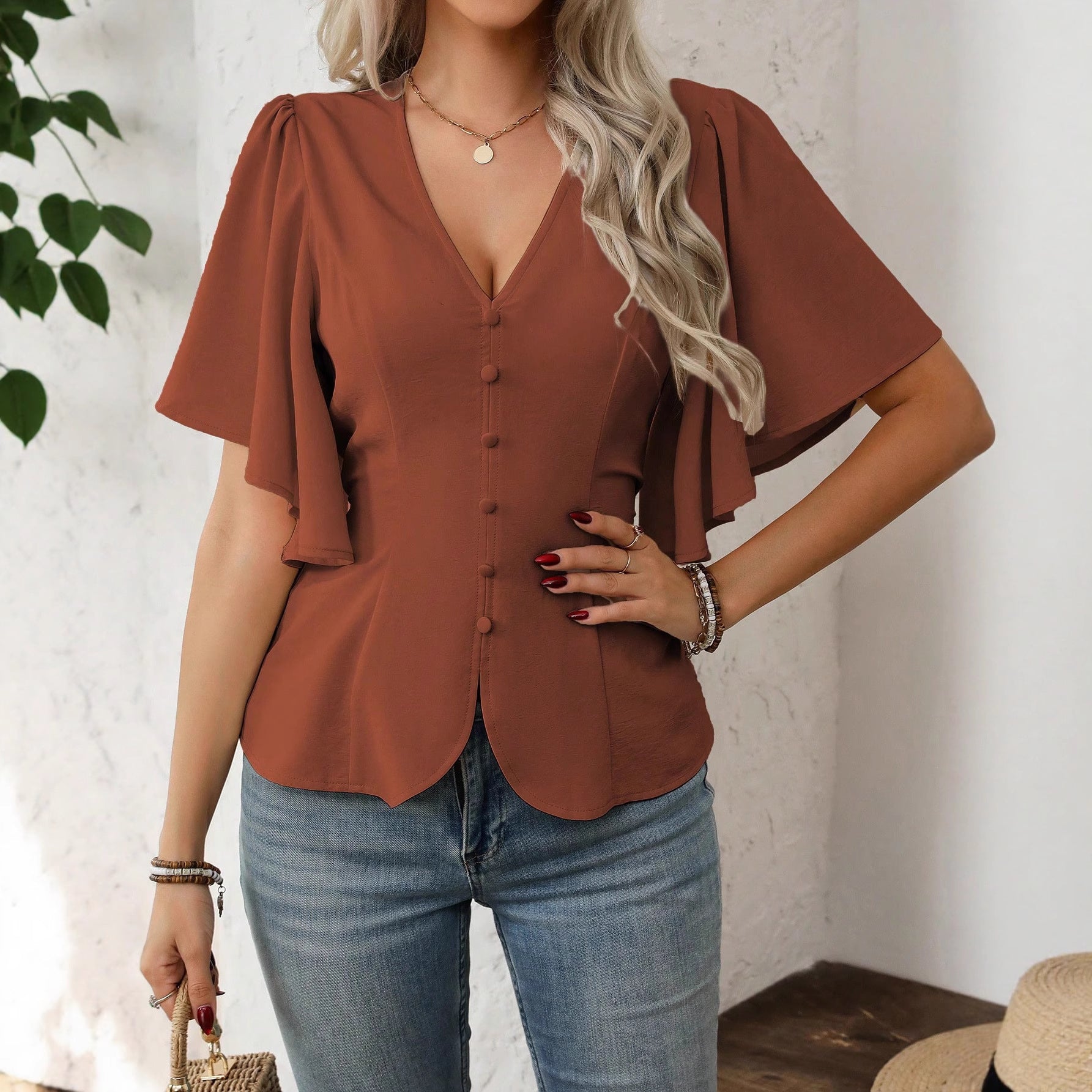 Womens Solid-Color Short-Sleeve V-Neck Single-Breasted Waist-Cinching Top