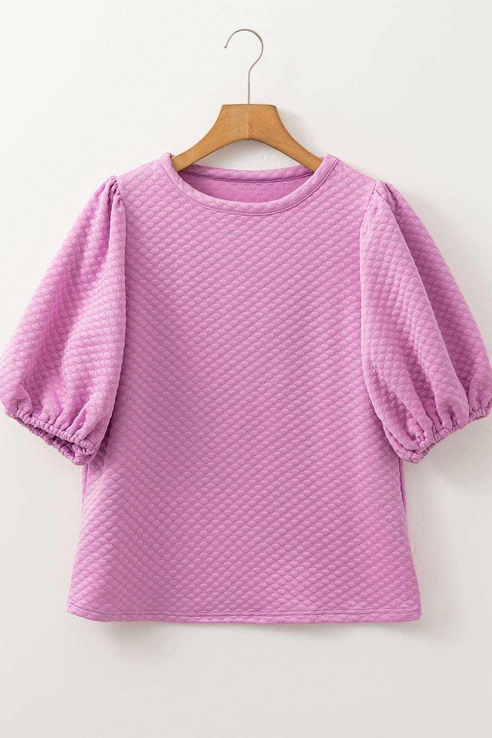 Textured round neck puff sleeve blouse in pink with basic style and slightly stretchy fabric.