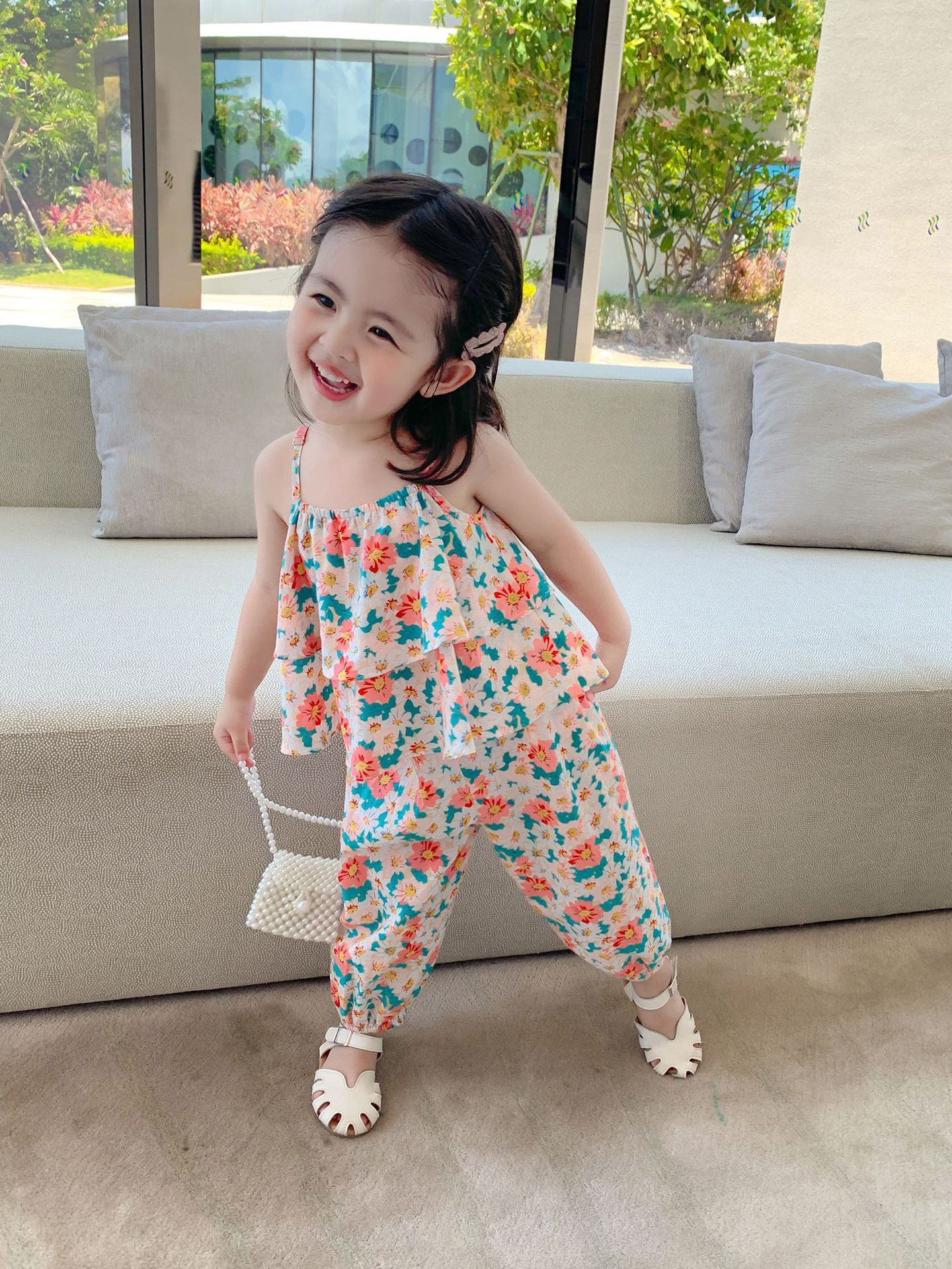 New Girl's Cute Floral Vest And Anti-mosquito Pants Two-piece Set
