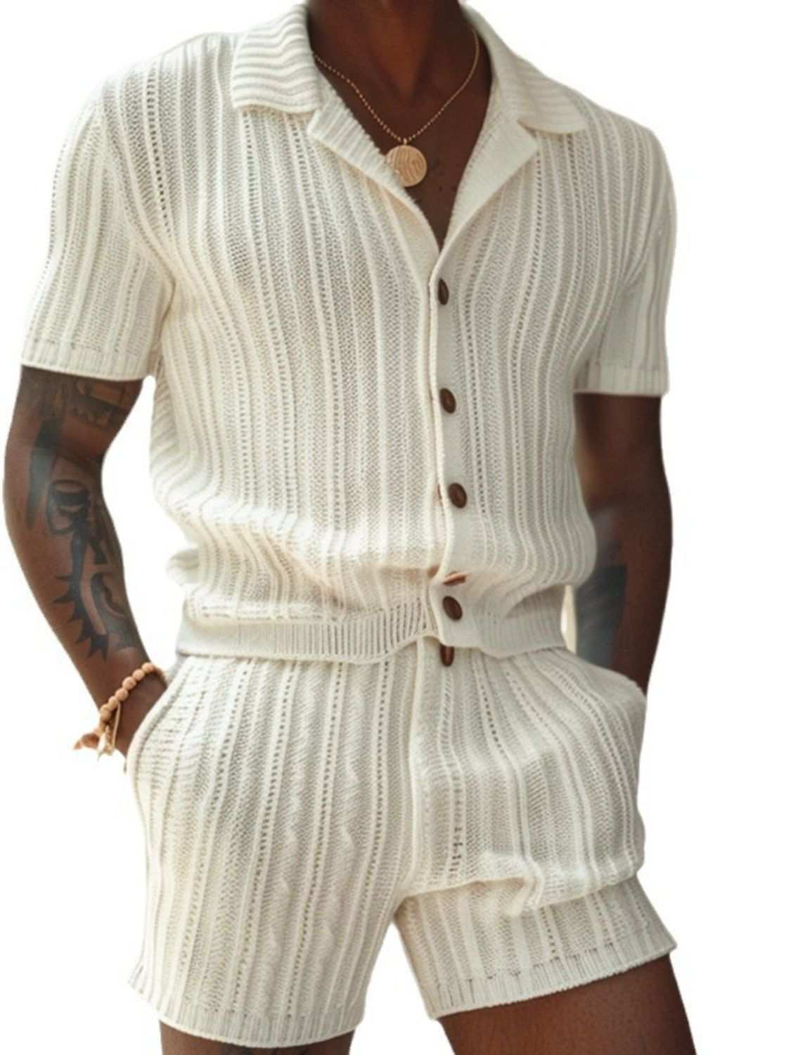 Men's plus size button down short sleeve top and shorts set in off-white with pockets.