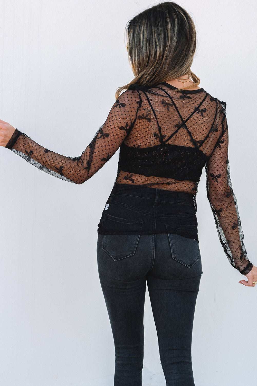 Black Bow Pattern Accent Mesh Long Sleeve Top