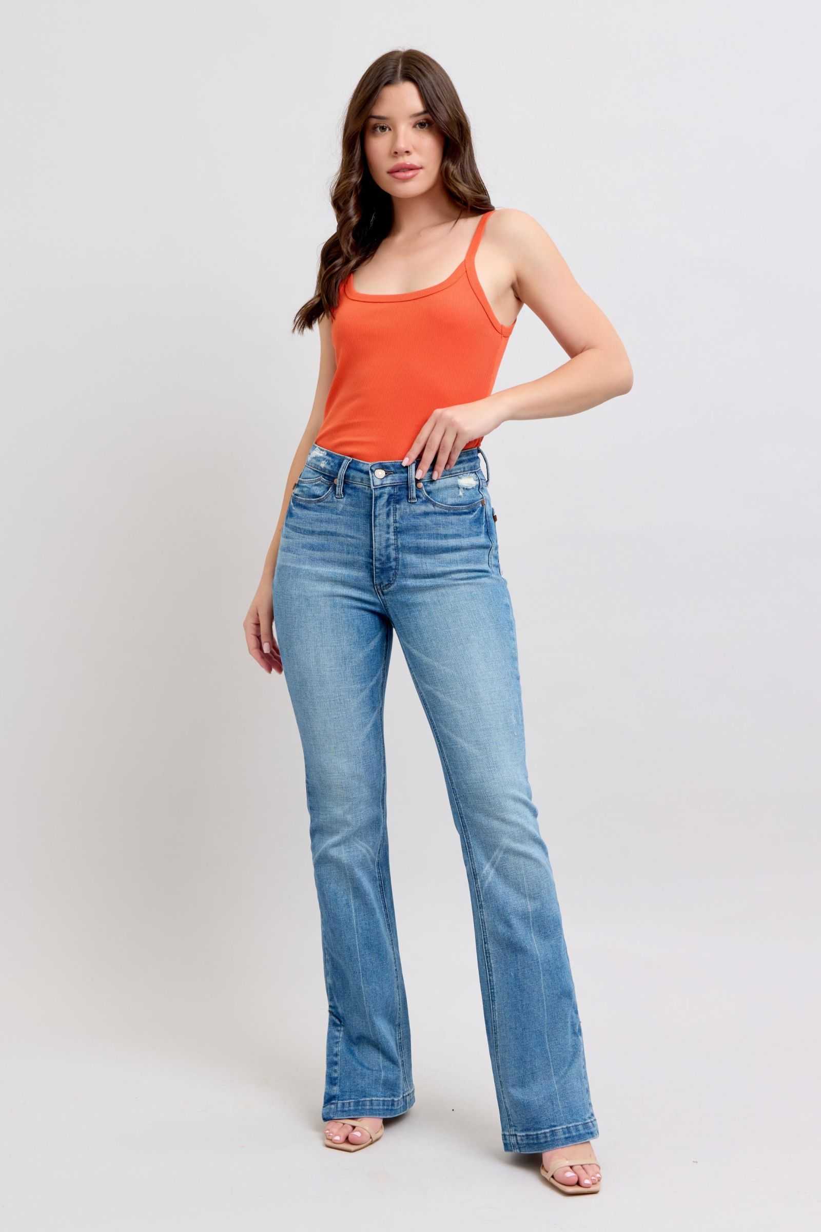 Judy Blue high waisted slim boot jeans with tummy control and vintage wash.