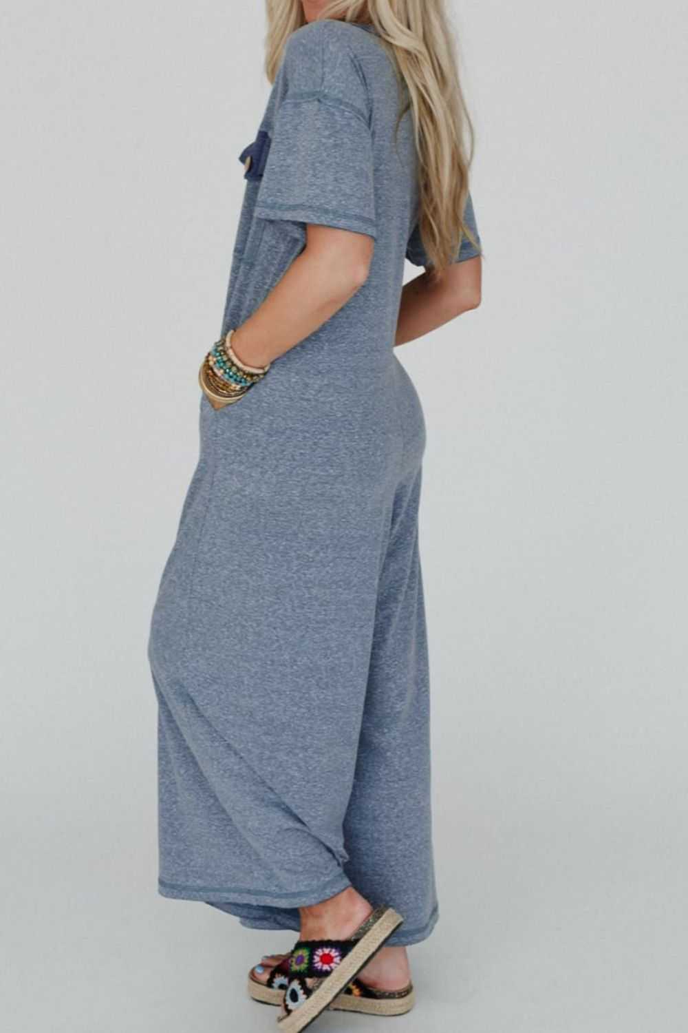 Placket Chest Pockets Short Sleeve Wide Leg Jumpsuit - Securing Secrets Boutique LLC