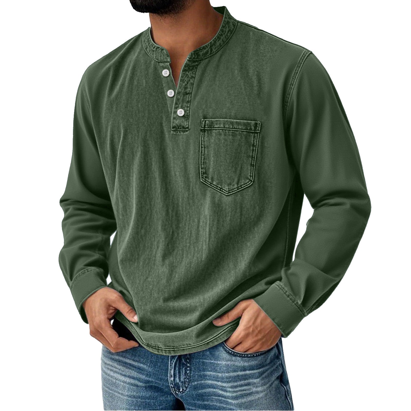 Printed Three-button Long-sleeve T-shirt For Young Men Casual