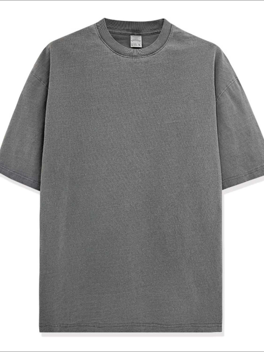Men's full-size round neck washed T-shirt in gray, plus size, basic style.