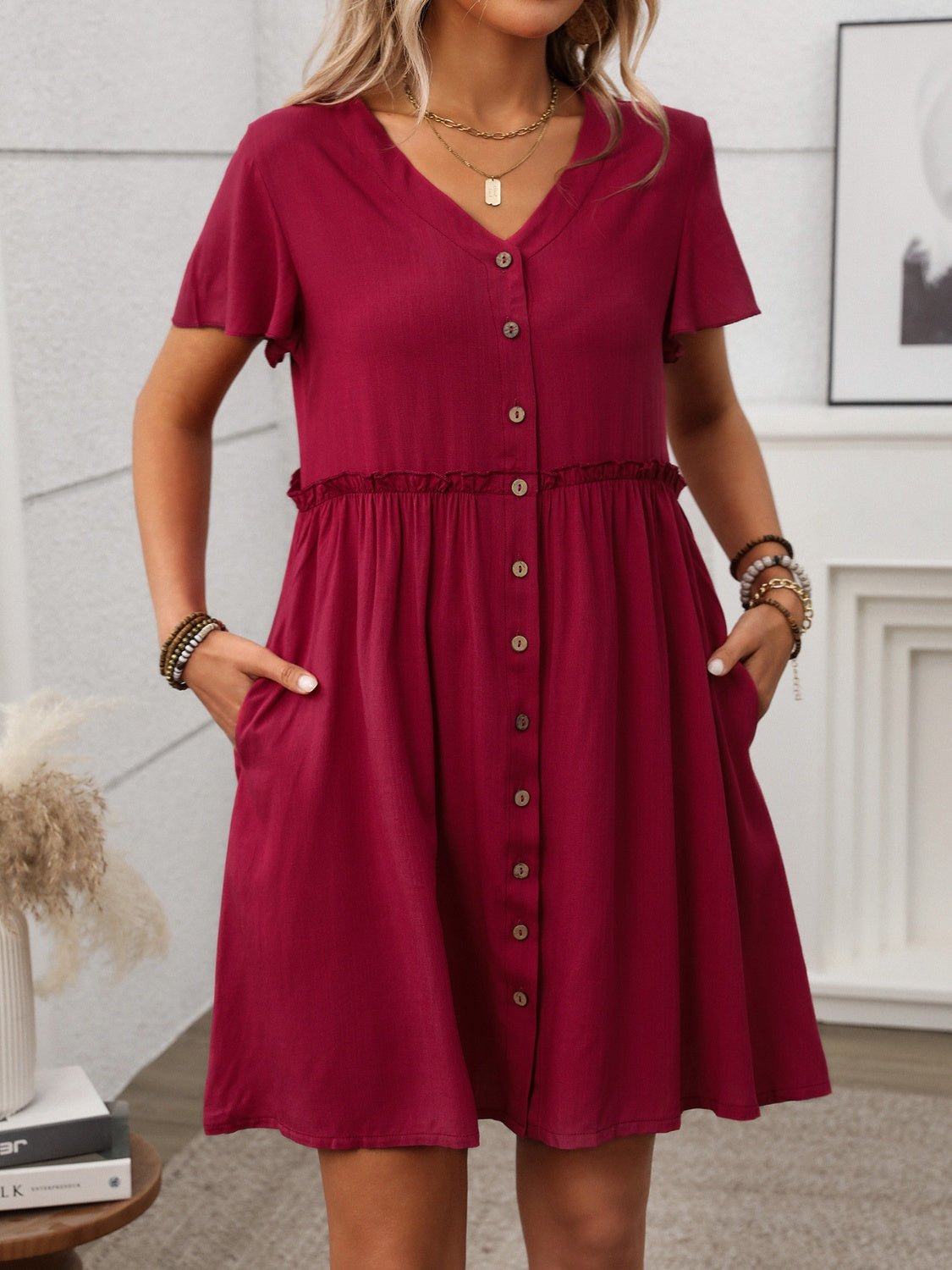 Button Front Flutter Sleeve Dress - Securing Secrets Boutique LLC