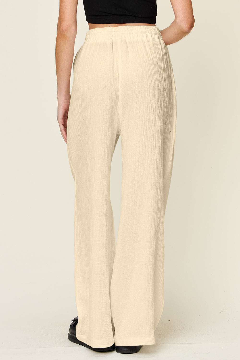 Wide leg pants with drawstring, 100% cotton, opaque, beige color, Double Take.