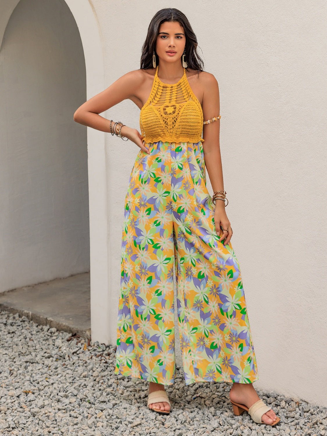 Openwork Halter Neck Floral Wide Leg Jumpsuit - Securing Secrets Boutique LLC